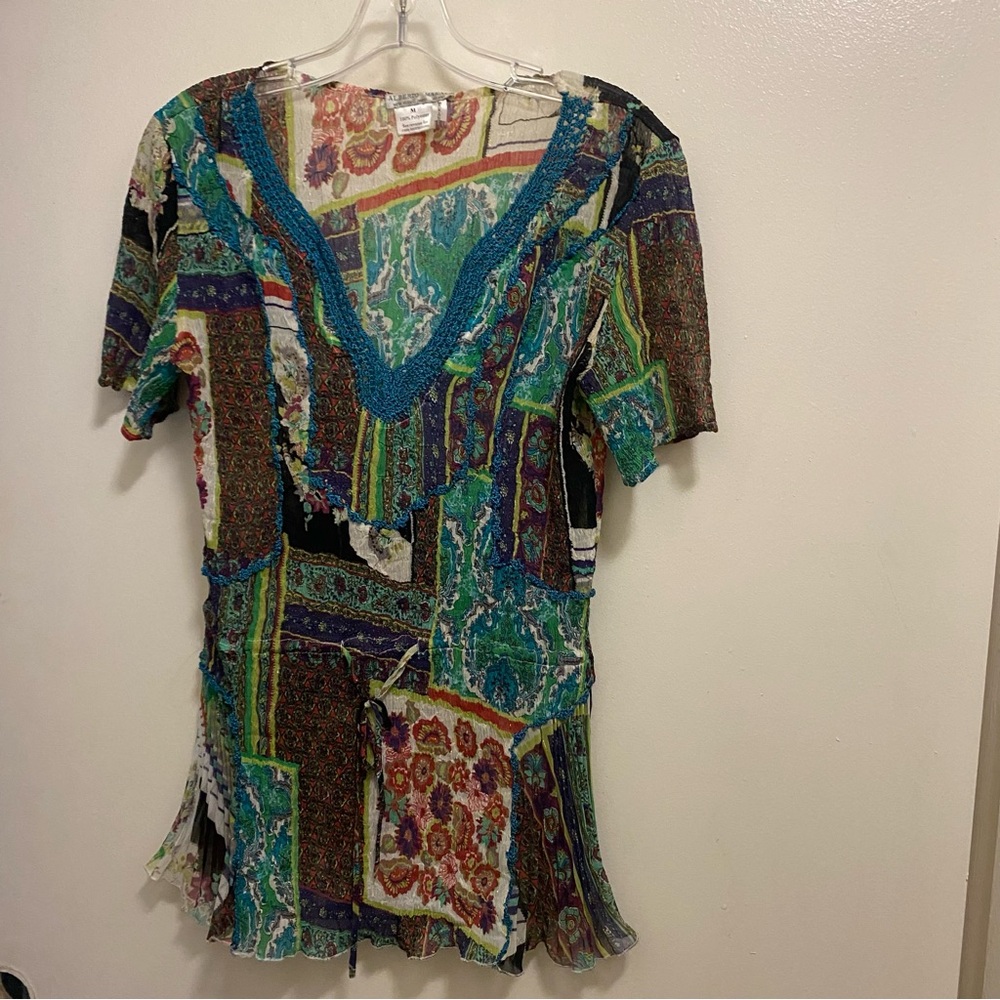 Alberto Makali Womens Sheer Boho Top Blouse M Medium 38” V Neck Blue Embroidered